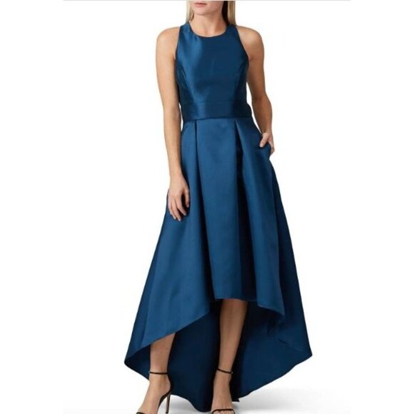 Hutch Teal Navy Blue Satin Cross Back High Low Gown Women's Size 6